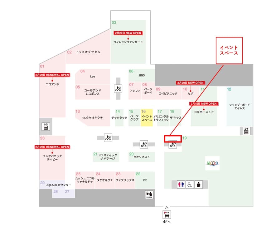 3F アパレル、雑貨などの販売に最適!エスカレーター横の人通りの多いイベントスペースの図面・フロアマップ