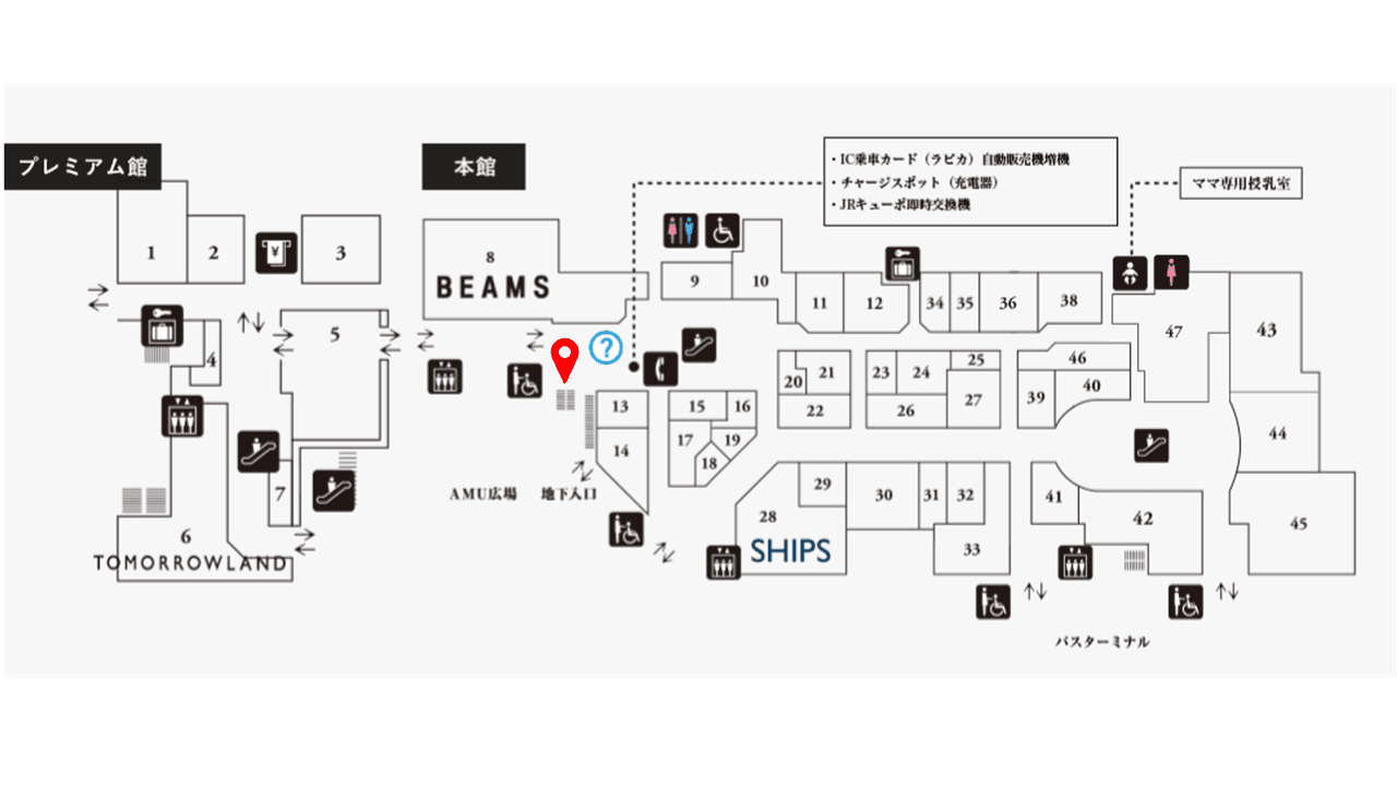 人の流動が多い1Fインフォメーション入口横。食物販やポップアップストアに最適なイベントスペースの図面・フロアマップ