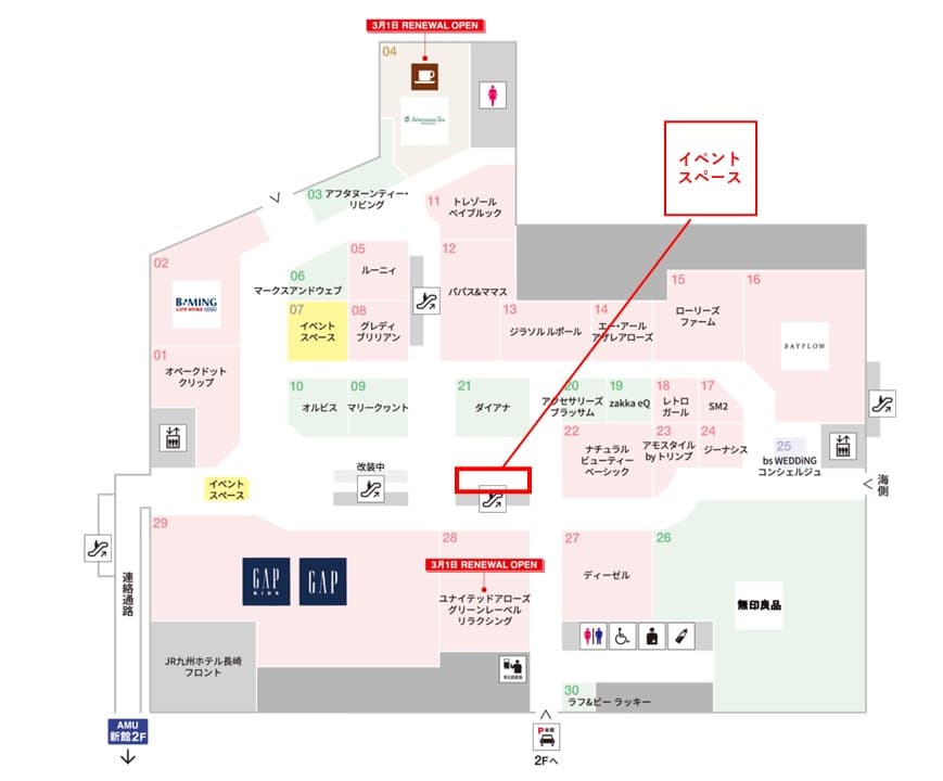 本館・2F アパレル、雑貨などの販売に最適!エスカレーター横の人通りの多いイベントスペースの図面・フロアマップ