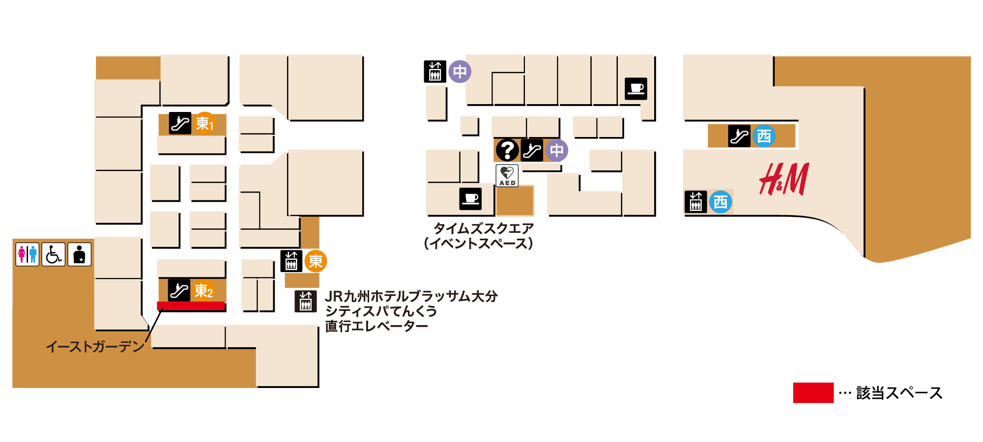 ファッション関係の雑貨や、アパレル商品の物販催事に適したコンパクトなイベントスペース1F イーストガーデンの図面・フロアマップ