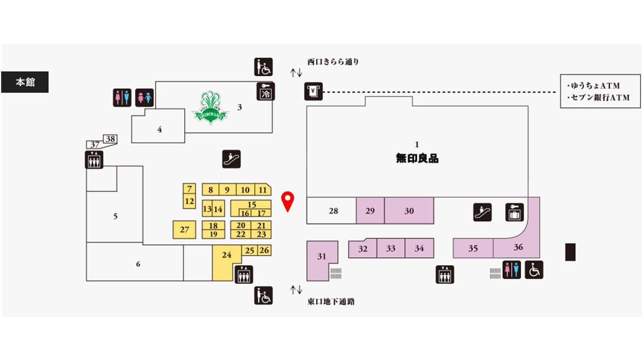 B1F 東西通路(西側)/食物販に最適な、グルメ・土産物フロア地下通路中央のポップアップスペースの図面・フロアマップ