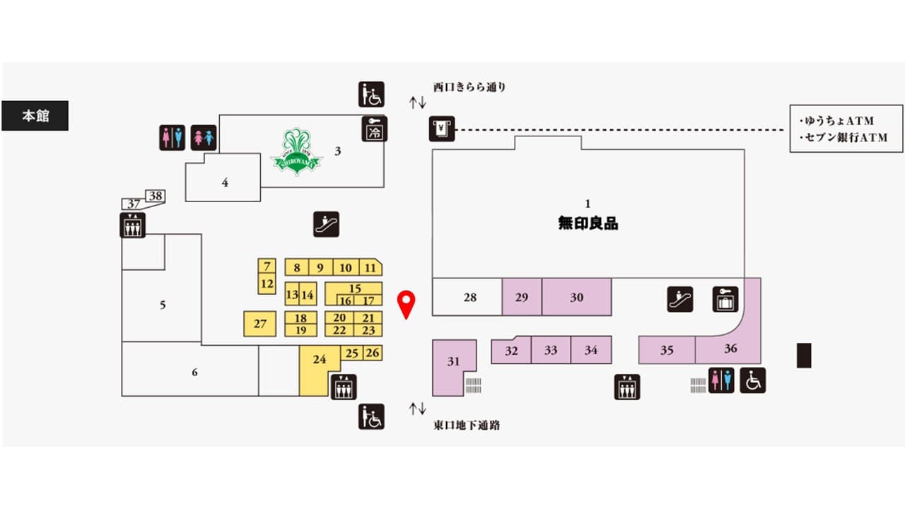 B1F 東西通路(東側)/食物販に最適な、飲食・食品フロア地下通路中央のポップアップスペースの図面・フロアマップ