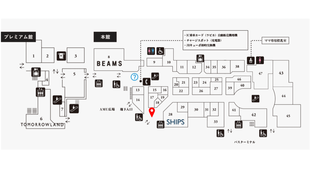AMU広場入り口すぐの食物販やファッション関連の催事に最適なポップアップスペースの図面・フロアマップ