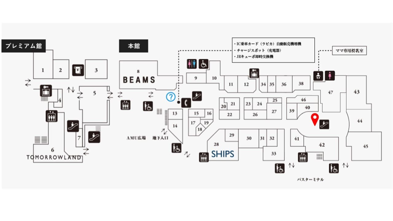 ファッション関係の雑貨や、アパレル商品の物販催事に適したコンパクトなイベントスペース(1F郵便局側エスカレーター近く)の図面・フロアマップ