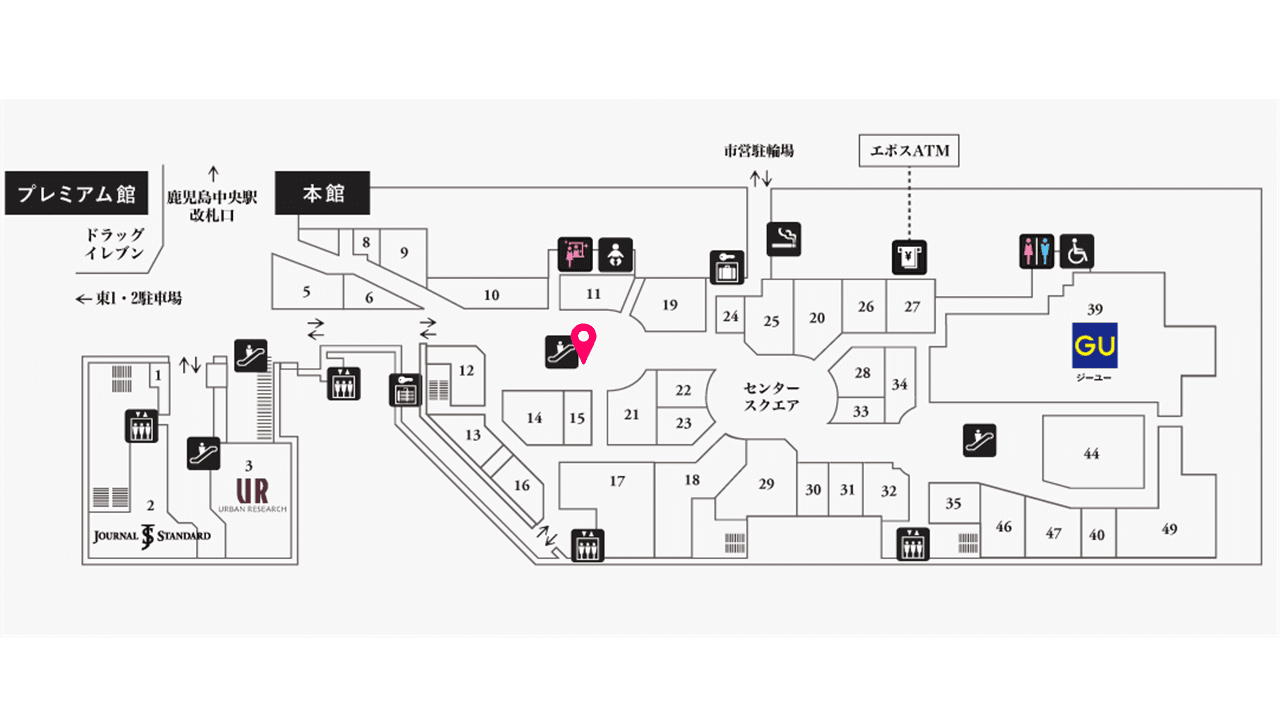 視認性抜群!ファッション関係の雑貨やコスメ、アパレル商品の物販催事に適した中規模イベントスペース(2F中央駅側エスカレーター近く)の図面・フロアマップ