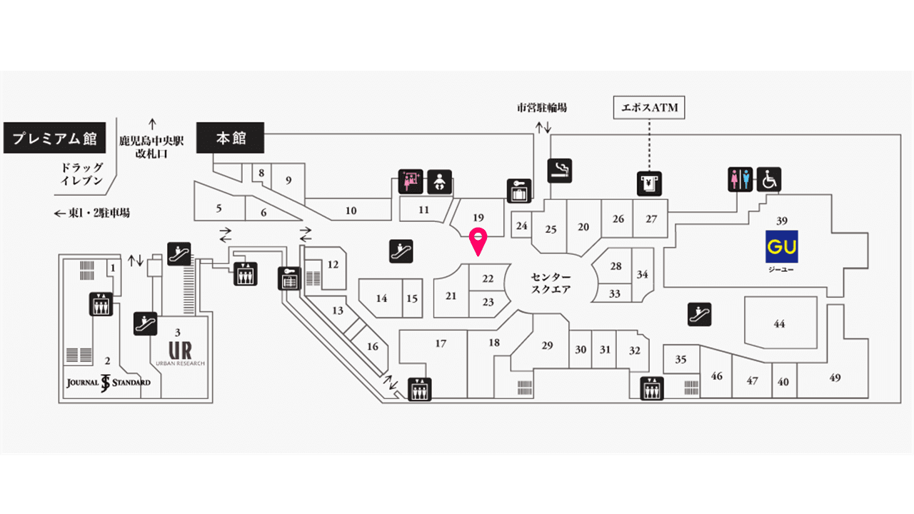 ファッション関係の雑貨やコスメ、アパレル商品の物販催事に適したコンパクトなイベントスペース(2F中央駅側エスカレーター近く)の図面・フロアマップ