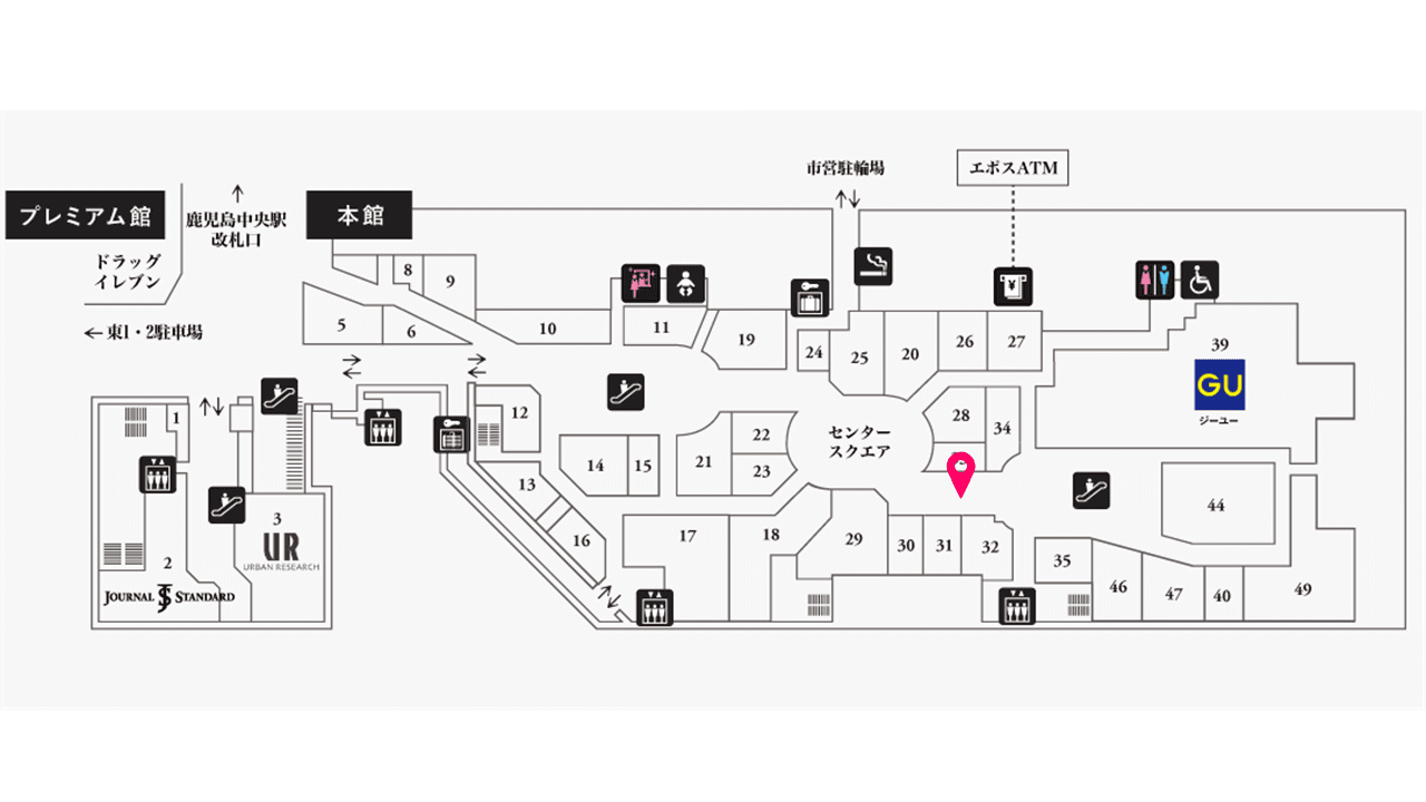 ファッション関係の雑貨やコスメ、アパレル商品の物販催事に適したコンパクトなイベントスペース(2F郵便局側エスカレーター近く)の図面・フロアマップ
