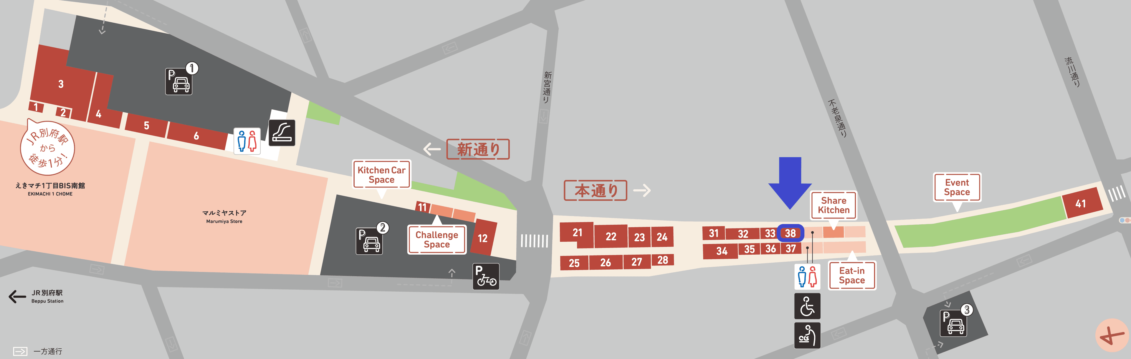 38区画(食物販・飲食におすすめです)の図面・フロアマップ